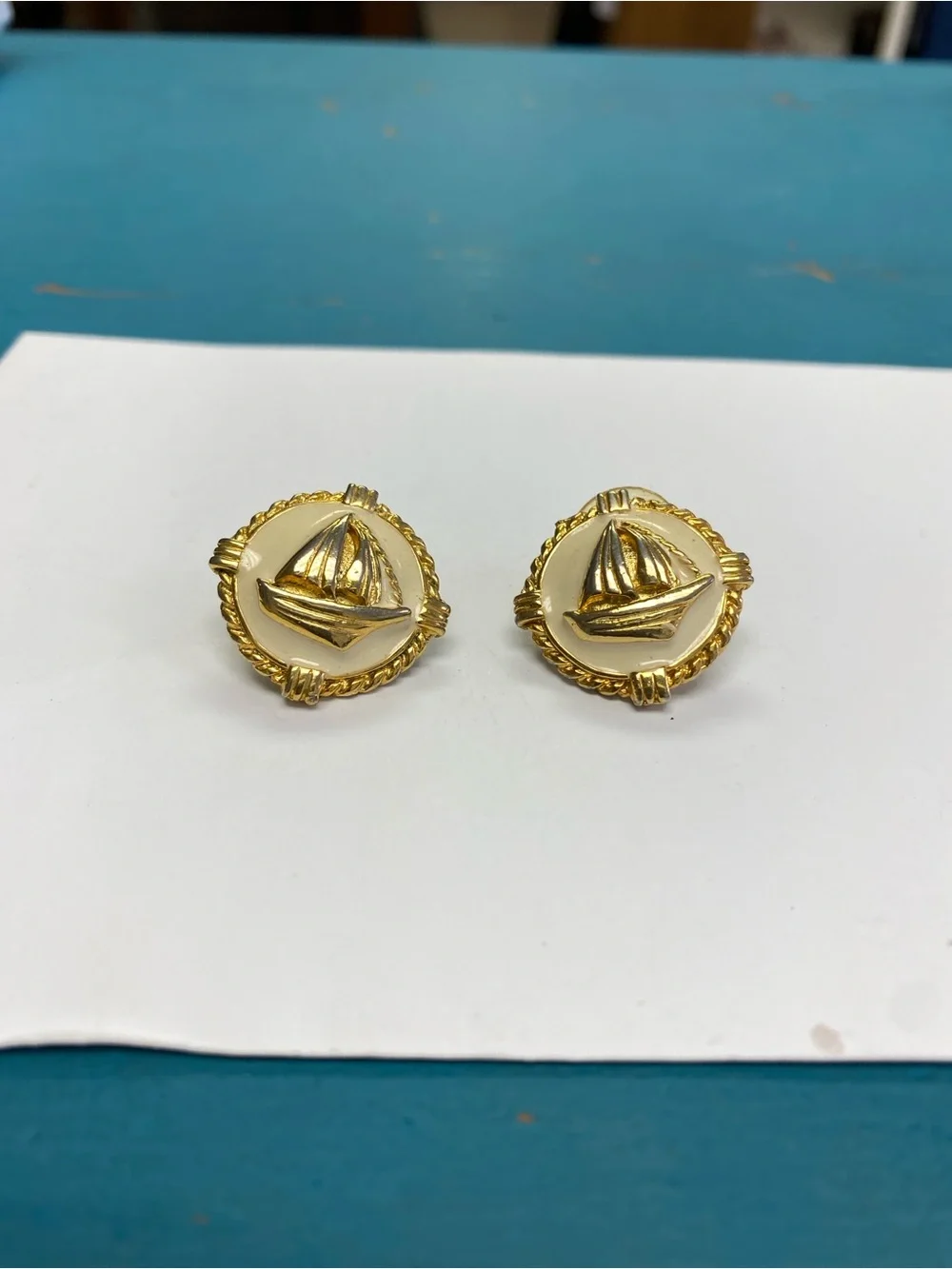 Vintage Gold-Tone Sailing Ship Round Button Earrings in Cream. Enamel